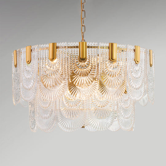 Clear Textured Glass Brass Drop Lamp - Scalloped Chandelier for Classic Dining Room