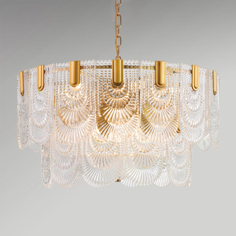 Scalloped Clear Textured Glass Drop Lamp Classic Dining Room Chandelier Light Fixture in Brass