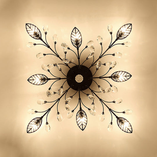 Classic Clear Crystal Led Semi-Flush Mount Ceiling Light With Leaf Design For Corridors 8 / Black