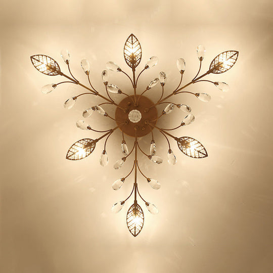 Classic Clear Crystal Led Semi-Flush Mount Ceiling Light With Leaf Design For Corridors 6 / Gold