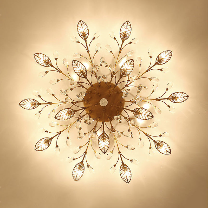 Classic Clear Crystal Led Semi-Flush Mount Ceiling Light With Leaf Design For Corridors 15 / Gold