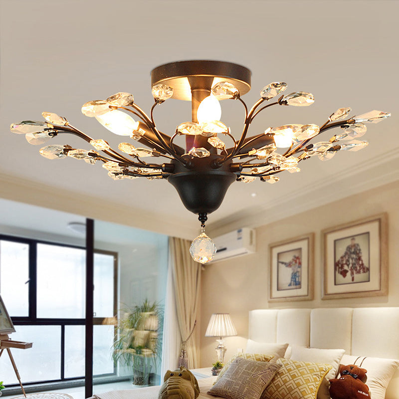 Clear Crystal Semi Flush Ceiling Fixture - 4 Bulb Traditional Branching Design For Bedroom