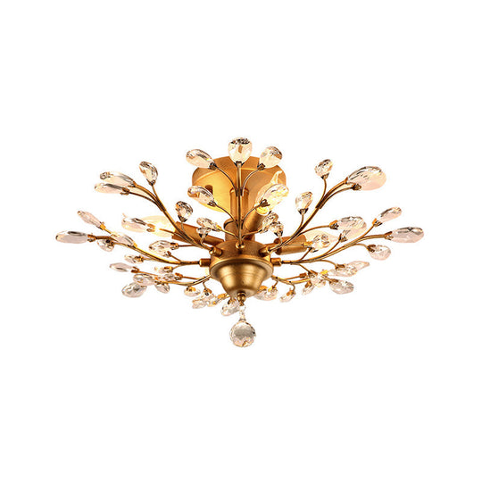 Clear Crystal Semi Flush Ceiling Fixture - 4 Bulb Traditional Branching Design For Bedroom Gold