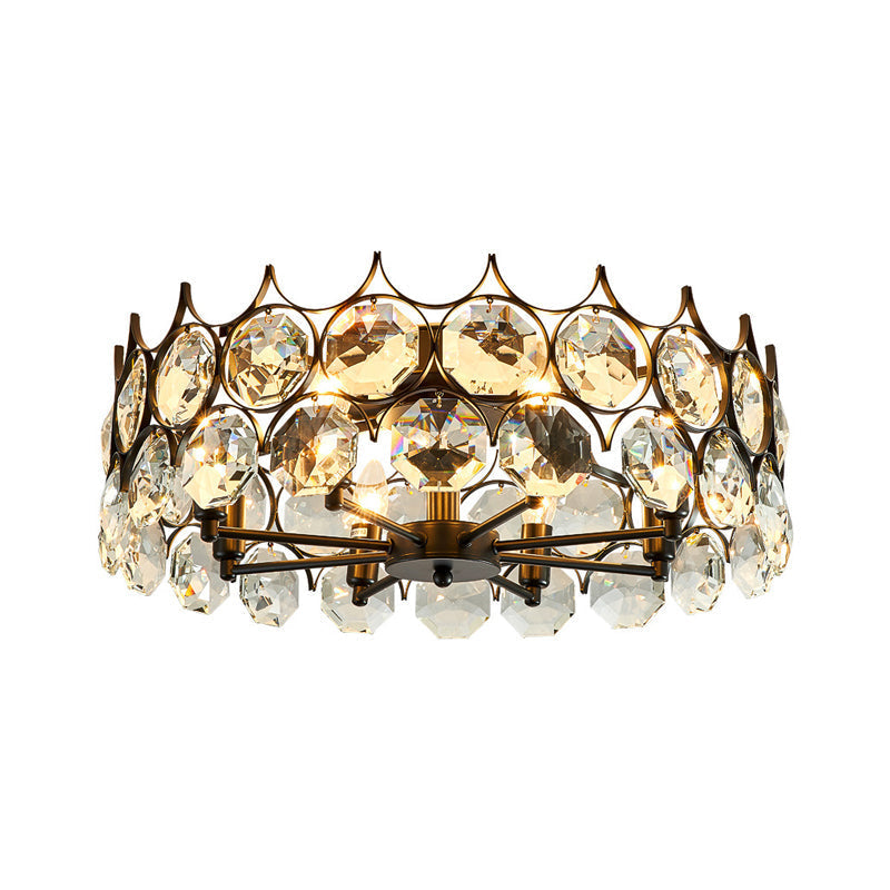 Classic Black Crystal Embedded Ceiling Lamp - Round Dining Room Semi Flush Light Fixture (8 Heads) /