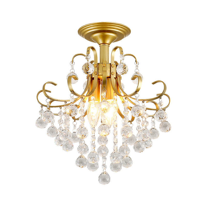 Farmhouse Bent Arm Frame Ceiling Light With Crystal Droplet - 3-Light Metal Semi Flush Mount