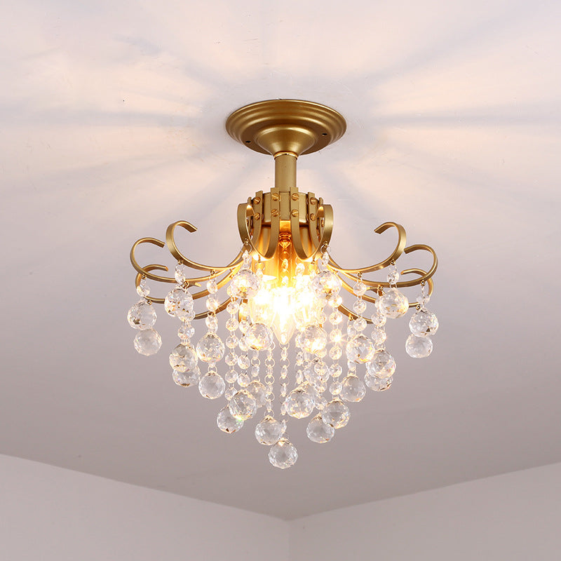 Farmhouse Bent Arm Frame Ceiling Light With Crystal Droplet - 3-Light Metal Semi Flush Mount Gold /