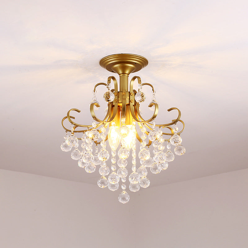 Farmhouse Bent Arm Frame Ceiling Light With Crystal Droplet - 3-Light Metal Semi Flush Mount Gold /