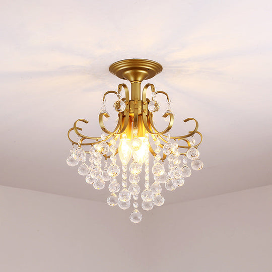 Farmhouse Bent Arm Frame Ceiling Light With Crystal Droplet - 3-Light Metal Semi Flush Mount Gold /