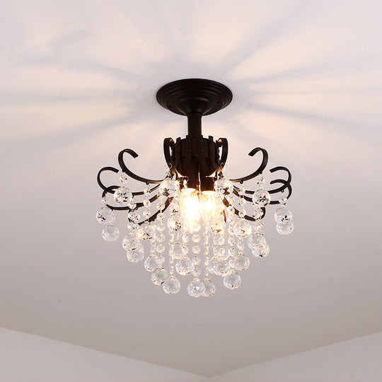 Farmhouse Bent Arm Frame Ceiling Light With Crystal Droplet - 3-Light Metal Semi Flush Mount Black /