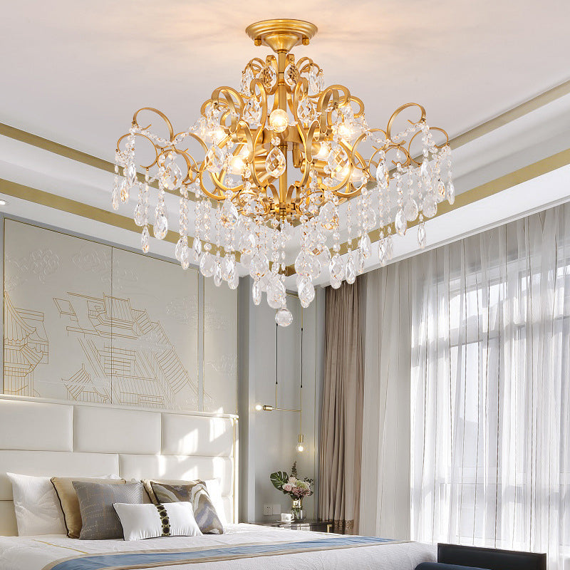 Brass Scrolled Arm Semi-Flush Light with Crystal Draping