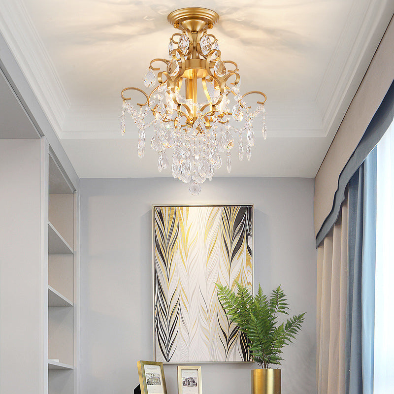 Brass Scrolled Arm Semi-Flush Light with Crystal Draping