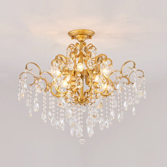 Brass Scrolled Arm Semi-Flush Light with Crystal Draping