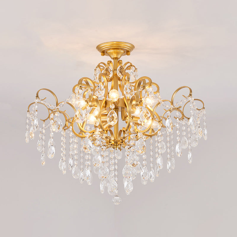 Brass Scrolled Arm Semi-Flush Light With Crystal Draping 8 /