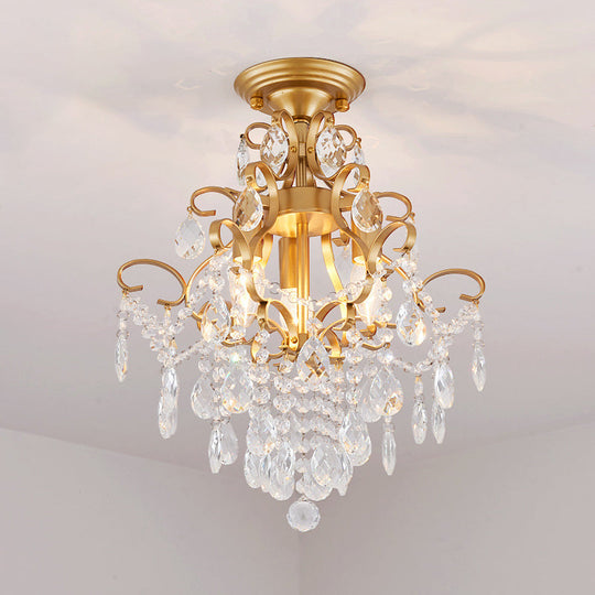 Brass Scrolled Arm Semi-Flush Light with Crystal Draping