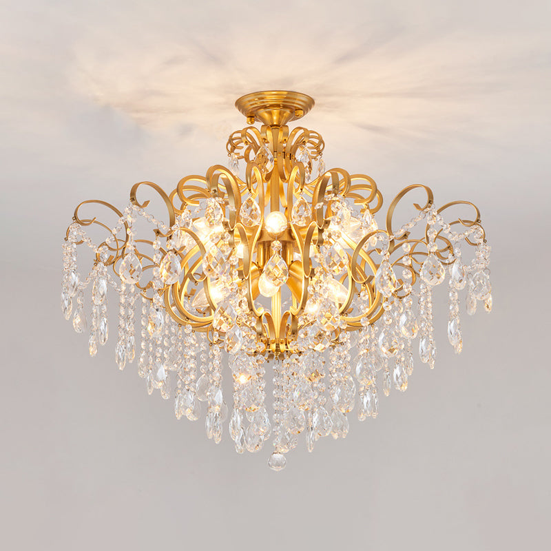 Brass Scrolled Arm Semi-Flush Light with Crystal Draping