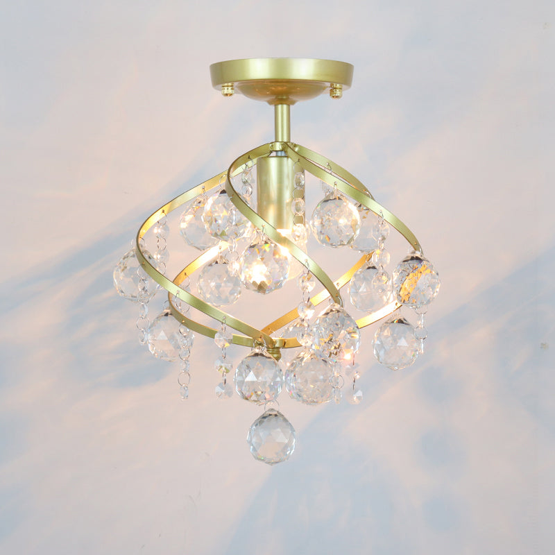 Geometric Brass Semi Flush Crystal Ceiling Mount - Traditional 1-Light Fixture for Hallways