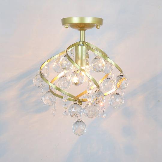 Geometric Brass Semi Flush Crystal Ceiling Mount - Traditional 1-Light Fixture for Hallways