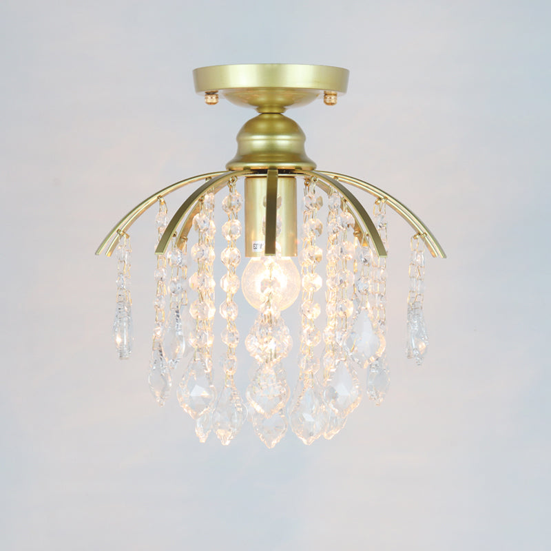 Geometric Brass Semi Flush Crystal Ceiling Mount - Traditional 1-Light Fixture for Hallways