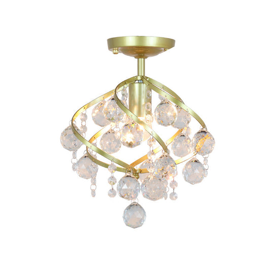 Geometric Brass Semi Flush Crystal Ceiling Mount - Traditional 1-Light Fixture for Hallways