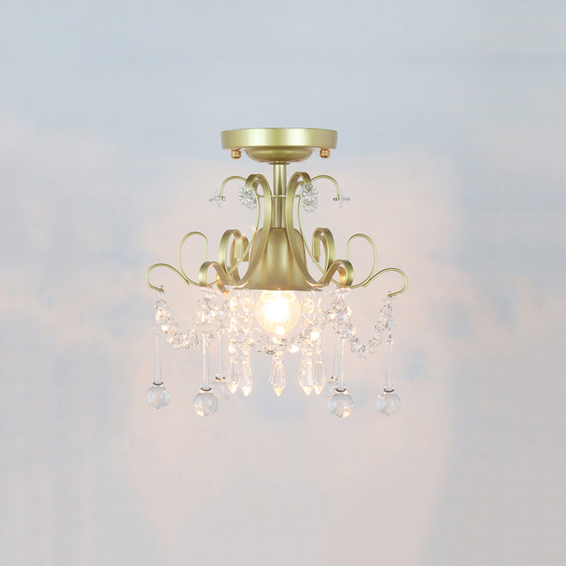 Geometric Brass Semi Flush Crystal Ceiling Mount - Traditional 1-Light Fixture for Hallways