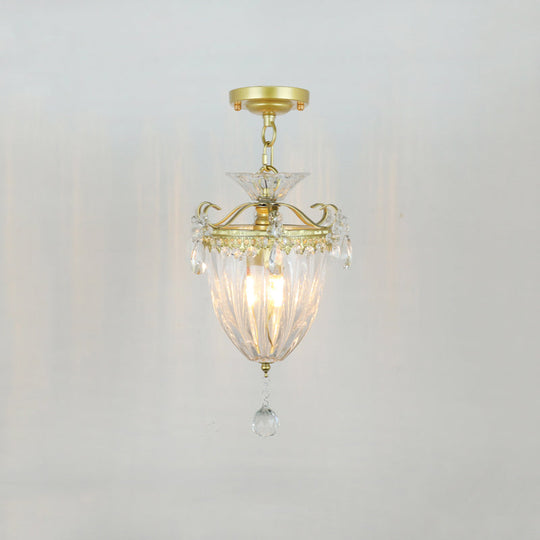 Geometric Brass Semi Flush Crystal Ceiling Mount - Traditional 1-Light Fixture For Hallways / G