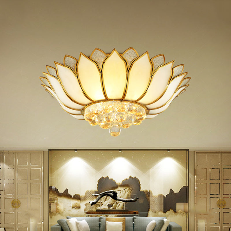 Lotus Semi-Mount Brass Ceiling Light With Frosted Glass And Crystal Droplets - Perfect For Rural