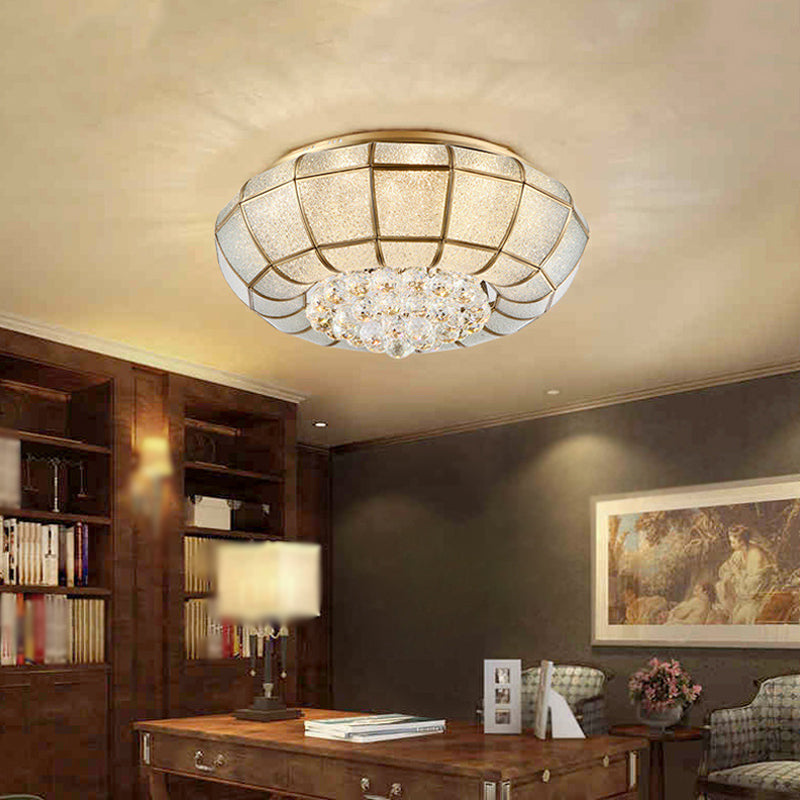 Country Brass Flush Mount Led Ceiling Lamp With Seedy Glass And Crystal Draping