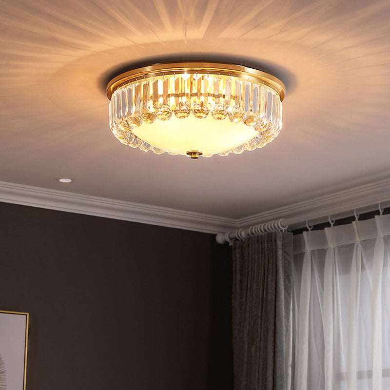 Country Brass LED Flush Ceiling Light with Frosted Glass and Crystal Round Edge