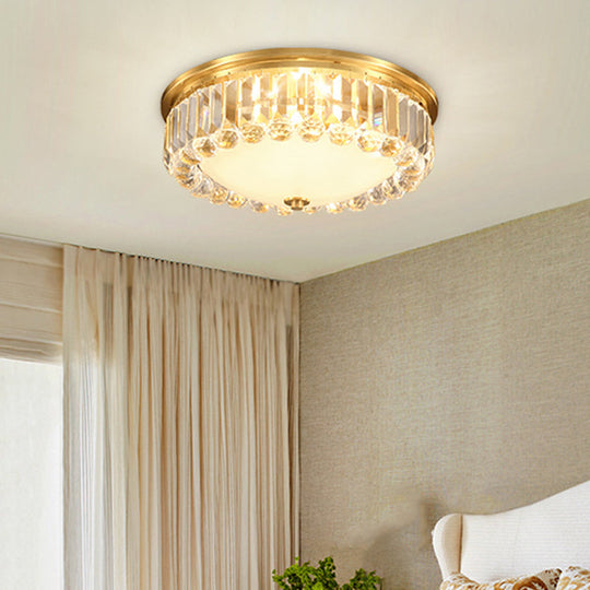 Country Brass LED Flush Ceiling Light with Frosted Glass and Crystal Round Edge