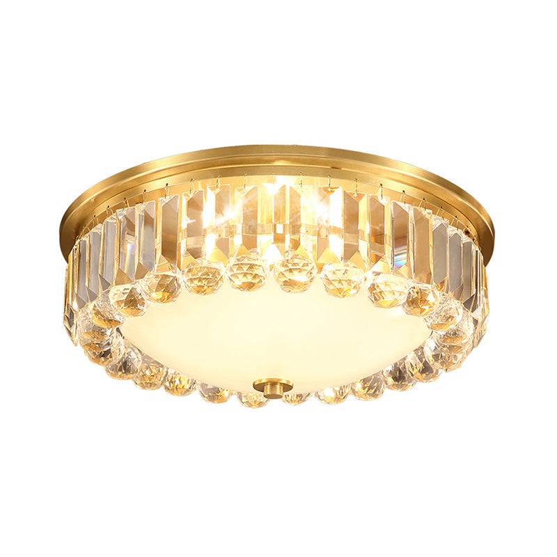 Country Brass LED Flush Ceiling Light with Frosted Glass and Crystal Round Edge