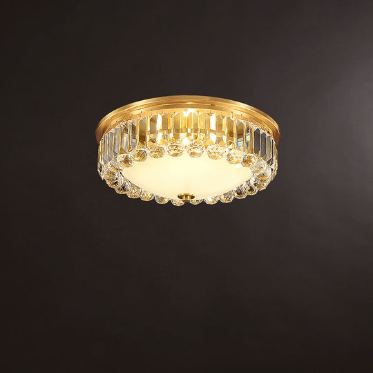 Country Brass LED Flush Ceiling Light with Frosted Glass and Crystal Round Edge