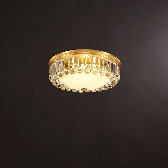 Country Brass LED Flush Ceiling Light with Frosted Glass and Crystal Round Edge