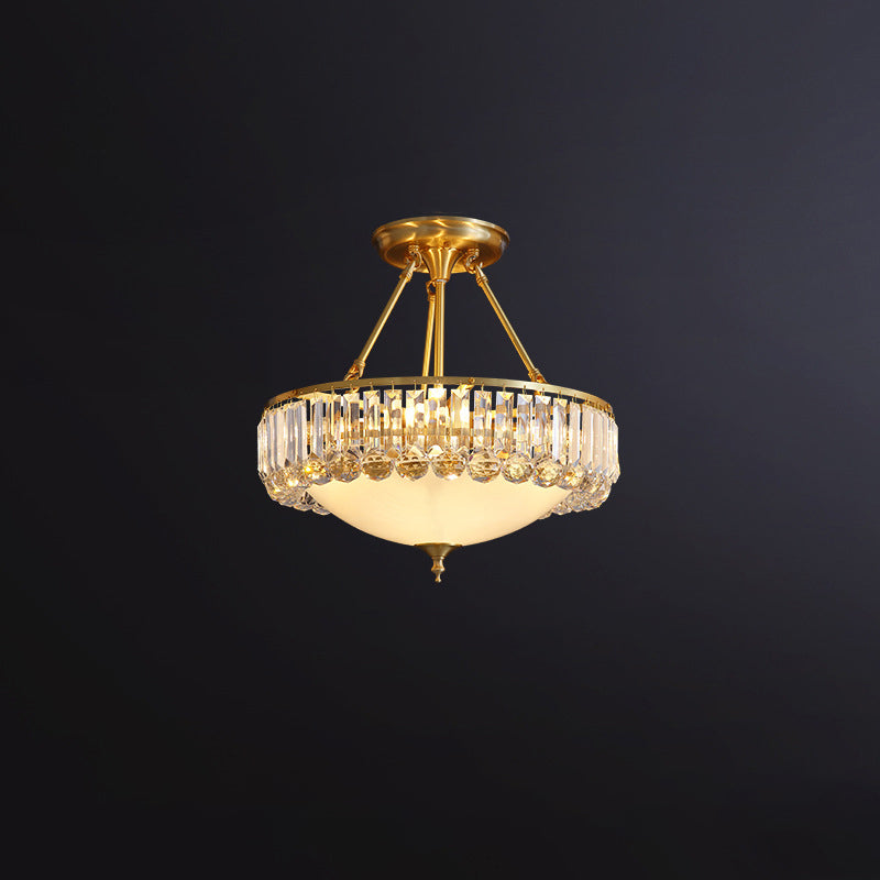 Rustic Frosted Glass Semi Flush Mount Ceiling Light Fixture With Crystal Side - 4 Lights Brass