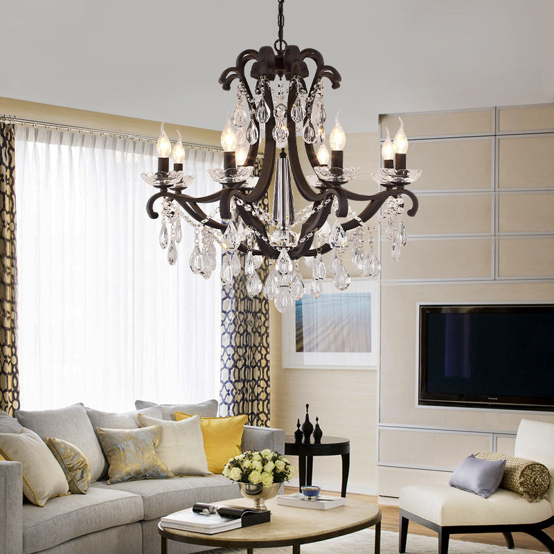 Classic Black Metal Chandelier With Crystal Accent - Elegant Living Room Pendant Light