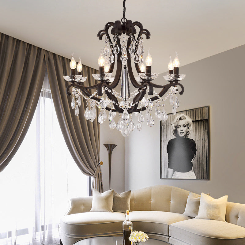 Classic Black Metal Chandelier With Crystal Accent - Elegant Living Room Pendant Light