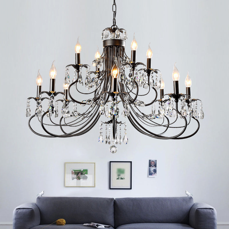 Farmhouse Metal Chandelier: Black Curved Design With Crystal Pendant Lighting And Candle-Inspired