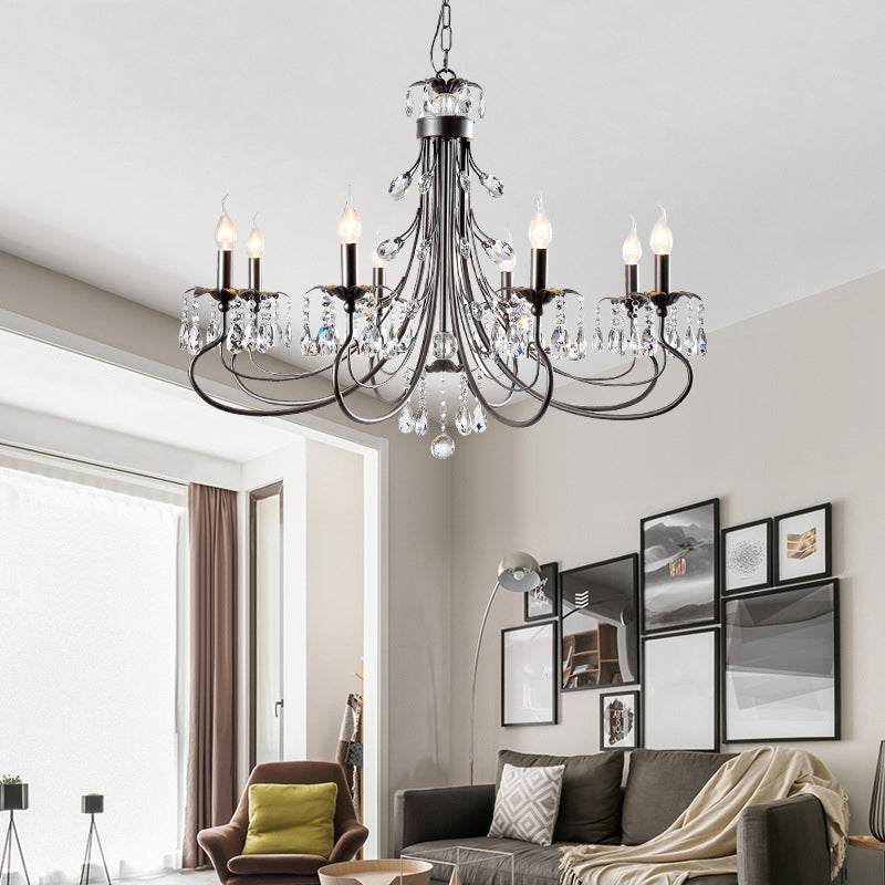 Farmhouse Metal Chandelier: Black Curved Design With Crystal Pendant Lighting And Candle-Inspired