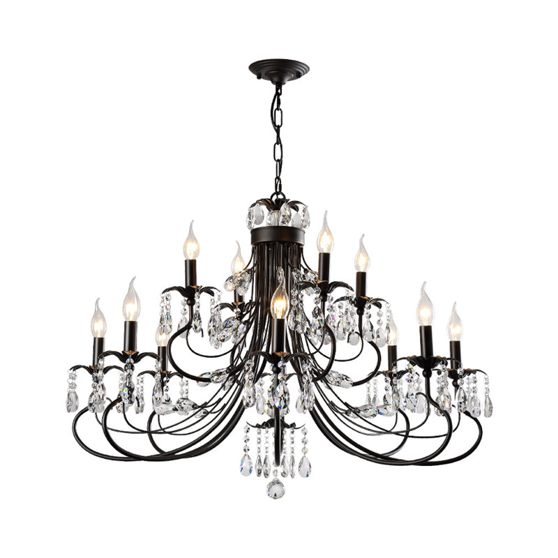 Farmhouse Metal Chandelier: Black Curved Design With Crystal Pendant Lighting And Candle-Inspired