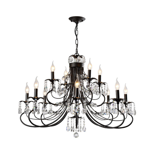 Farmhouse Metal Chandelier: Black Curved Design With Crystal Pendant Lighting And Candle-Inspired