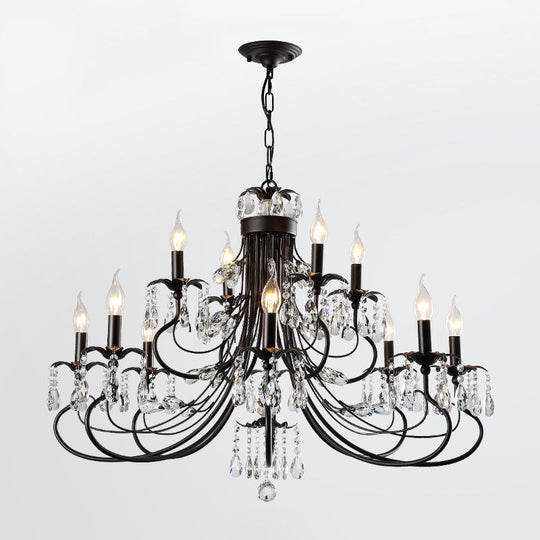 Farmhouse Metal Chandelier: Black Curved Design With Crystal Pendant Lighting And Candle-Inspired