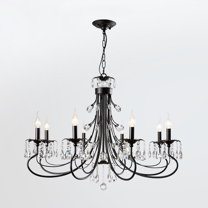 Farmhouse Metal Chandelier: Black Curved Design With Crystal Pendant Lighting And Candle-Inspired