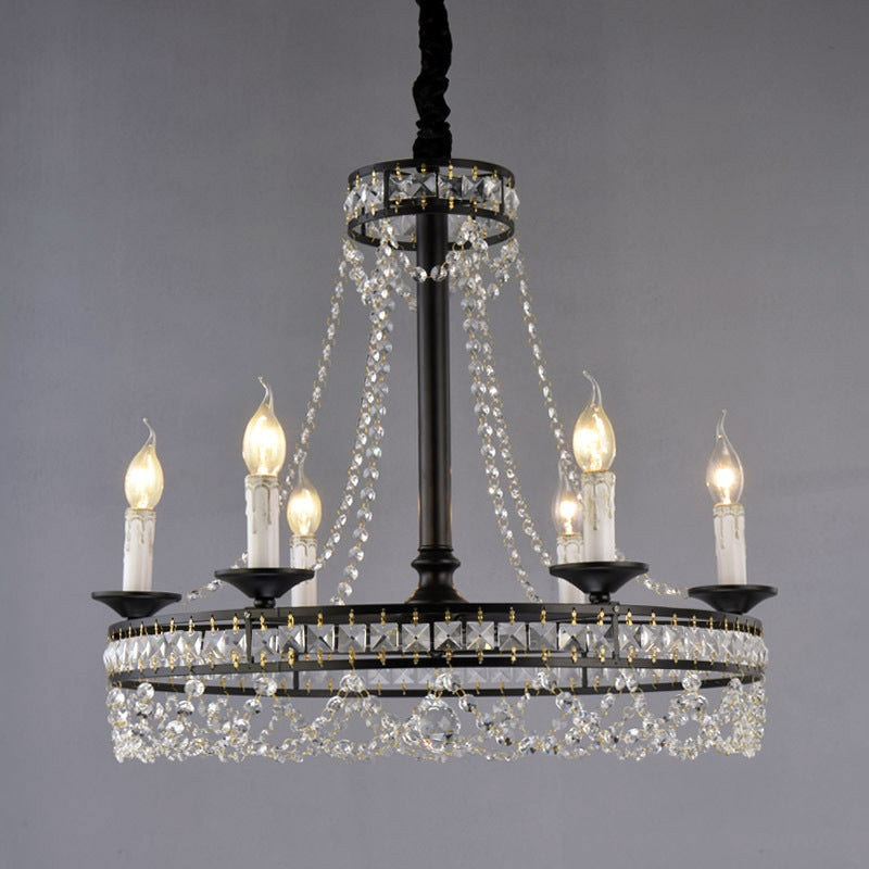 Country-Style Crystal Chandelier With Black Pendant Lamp And Wagon Wheel Design 6 /