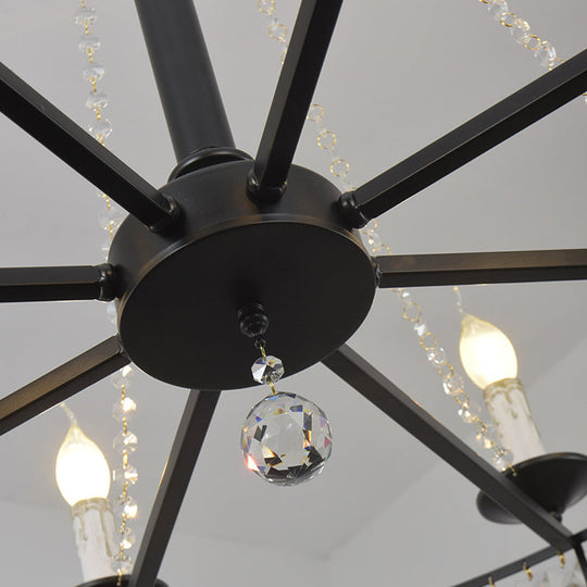 Country-Style Crystal Chandelier With Black Pendant Lamp And Wagon Wheel Design