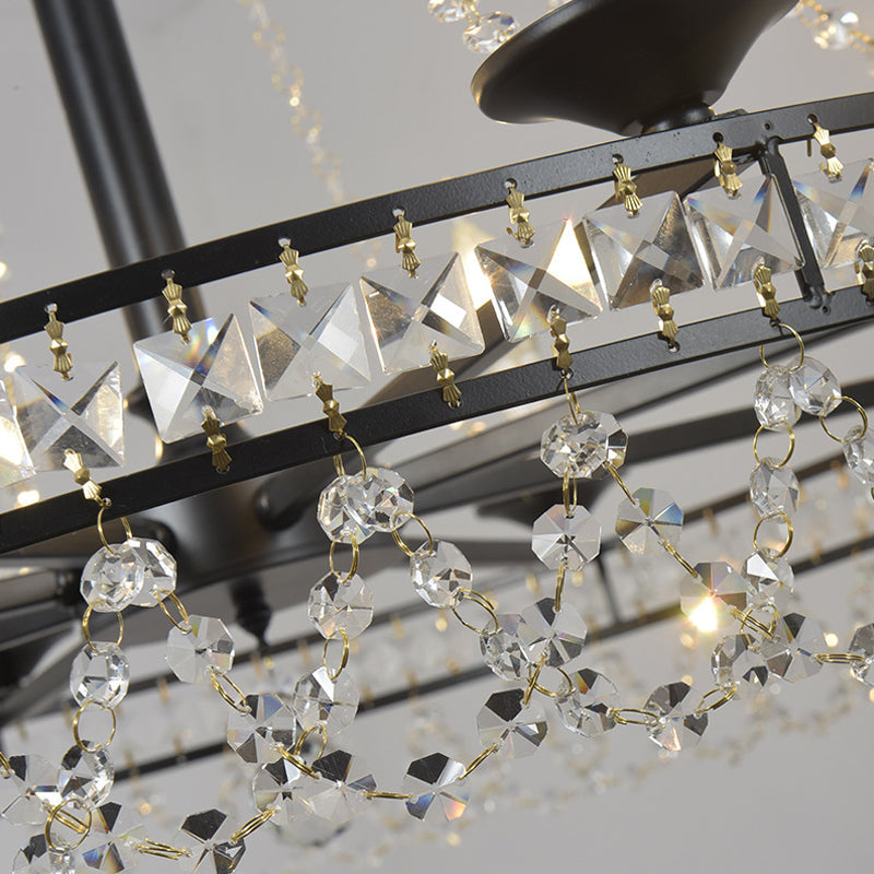 Country-Style Crystal Chandelier With Black Pendant Lamp And Wagon Wheel Design