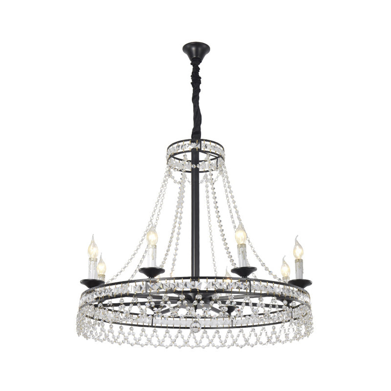 Country-Style Crystal Chandelier With Black Pendant Lamp And Wagon Wheel Design