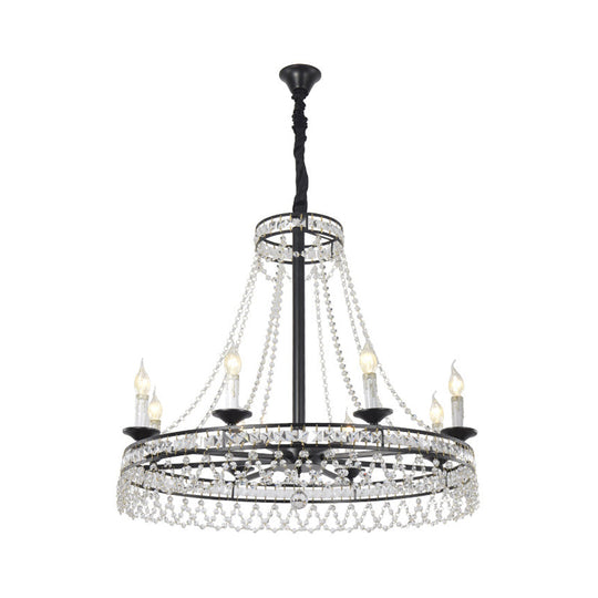 Country-Style Crystal Chandelier With Black Pendant Lamp And Wagon Wheel Design