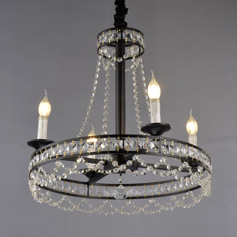 Country-Style Crystal Chandelier With Black Pendant Lamp And Wagon Wheel Design