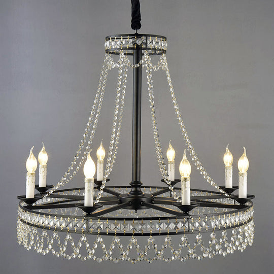 Country-Style Crystal Chandelier With Black Pendant Lamp And Wagon Wheel Design