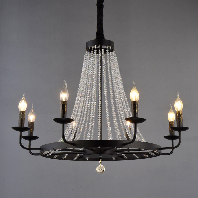 Modern Black Wagon Wheel Chandelier With Crystal Accents - Classic Metal Pendant Lighting Fixture