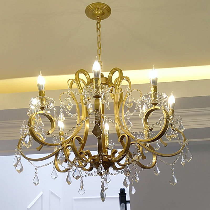 Gold Metal Pendant Light Kit With Crystal Accent: Traditional Swooping Arm Chandelier